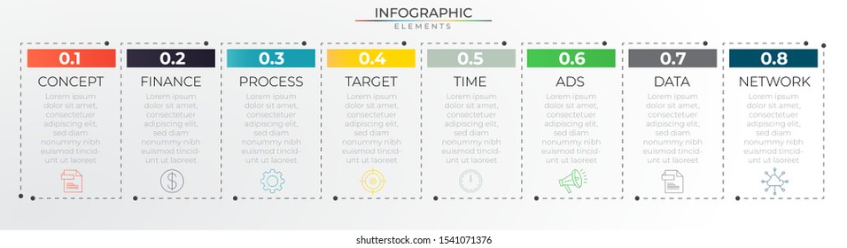 8 steps timeline infographic concept with thin line and icons. Chart process template. Modern vector art for company or corporate business project and presentation. Trendy Eps10 design