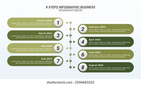 8 Steps Vertical Company Milestone Timeline on a 16:9 Layout for Business Presentations, Management, and Evaluation.