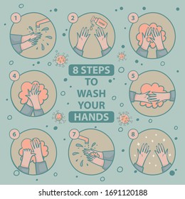 8 Steps To Wash Your Hands. Colored Isolated Vector Illustrations