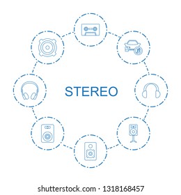 8 stereo icons. Trendy stereo icons white background. Included line icons such as cassette, loudspeaker, car music, loud speaker, speaker, earphones. stereo icon for web and mobile.