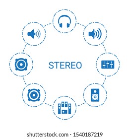 8 stereo icons. Trendy stereo icons white background. Included filled icons such as headphones, loud speaker set, volume, loudspeaker, loud speaker. stereo icon for web and mobile.
