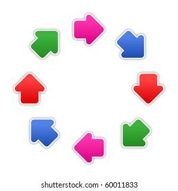 8 stickers arrow sign web 2.0 button. Colored shapes with shadow on white background. 10 eps