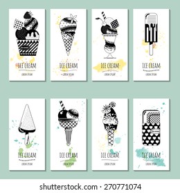 8 stickers of various types of ice cream. Black and white. Vector illustration