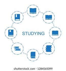 8 studying icons. Trendy studying icons white background. Included filled icons such as book. studying icon for web and mobile.