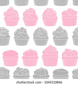 8 styles of cupcake on white background. Cute hand drawn seamless pattern of dessert in pastel pink and gray silhouette.