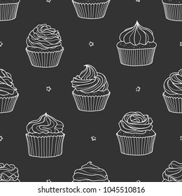 8 styles of cupcakes and star random on gray background. Cute hand drawn seamless pattern of dessert in white outline style.