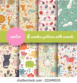 8 stylish seamless patterns with funny cartoon animals in vector