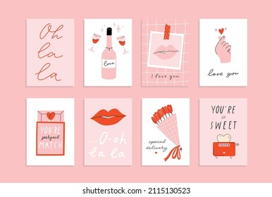 8 Stylish Valentine's day greeting card, poster illustration collection in pink and red colors. Fun and cool design A4, A5 template. Hand drawn doodle cartoon style concept in vertical orientation.