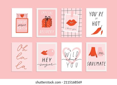 8 Stylish Valentine's day greeting card, poster illustration collection in pink and red colors. Fun and cool design A4, A5 template. Hand drawn doodle cartoon style concept in vertical orientation.