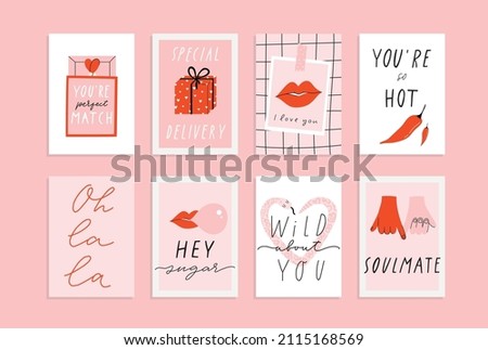 8 Stylish Valentine's day greeting card, poster illustration collection in pink and red colors. Fun and cool design A4, A5 template. Hand drawn doodle cartoon style concept in vertical orientation.