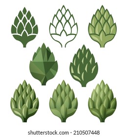 8 stylized hop  icons over white background