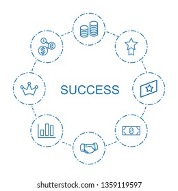 8 success icons. Trendy success icons white background. Included outline icons such as coin, handshake, medal with star, dollar, money, chart. success icon for web and mobile.