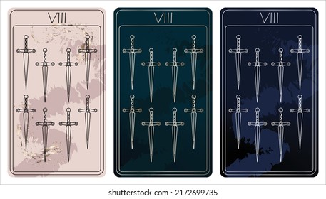 8 of Swords. A card of Minor arcana one line drawing tarot cards. Tarot deck. Vector linear hand drawn illustration with occult, mystical and esoteric symbols. 3 colors. Proposional to 2,75x4,75 in.