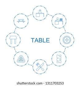 8 table icons. Trendy table icons white background. Included line icons such as man working at the table, fork and knife, domino, billiards, Roulette. icon for web and mobile.
