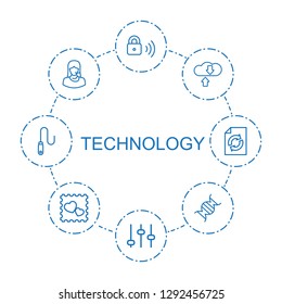 8 technology icons. Trendy technology icons white background. Included outline icons such as security lock, adjust, download cloud, customer support. technology icon for web and mobile.