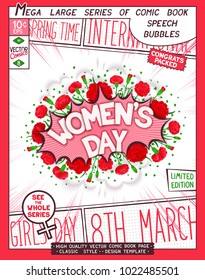8 th March. Happy Women's Day. Comic book style poster with lettering and flowers composition. Vector illustration