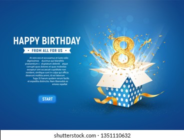 8 th year anniversary banner with open burst gift box. Template eighth birthday celebration and abstract text on blue background vector illustration
