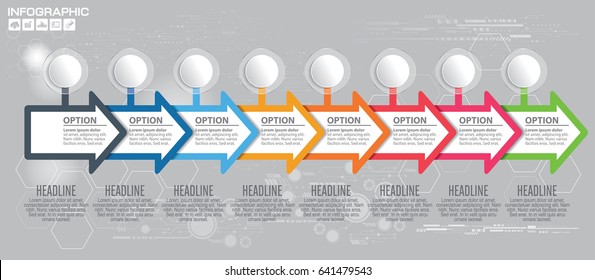 8 Timeline infographics template with arrows, flowchart, workflow or process infographics, vector eps10 illustration