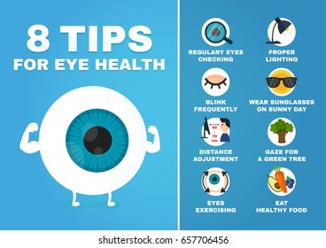 8 Tips For Eye Health Infographic.how To Health Care Eyes,strain,test Ophthalmology.Eyeball Strain Character.Vector Modern Cartoon Character Illustration Icon Design.Isolated On White Background