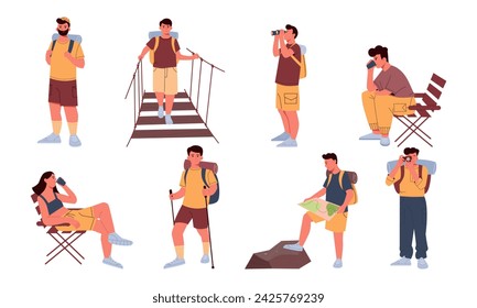 8 tourists in different poses. Walks in the open air. Tourism. Rest in nature. Vector illustration