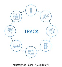 8 track icons. Trendy track icons white background. Included line icons such as exercising, locomotive, running, music equalizer, railway, cargo wagon. track icon for web and mobile.