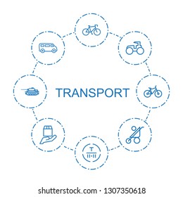 8 transport icons. Trendy transport icons white background. Included outline icons such as bicycle, cargo terminal, tractor, van, baby stroller. transport icon for web and mobile.