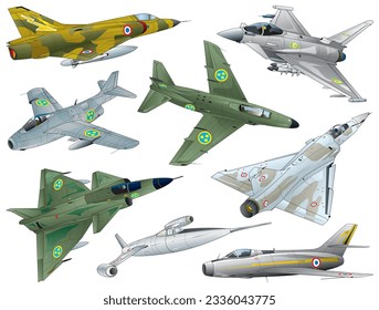8 types of single jet engine airplane collection (Manga style Vector illustration)