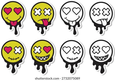 8 unique dripping face vectors with heart and X eyes. Designed for edgy streetwear, skate stickers, and psychedelic graphic art. Includes yellow, black, and white versions with a melting liquid slime effect. Perfect for apparel and digital prints.