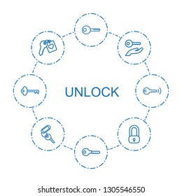 8 unlock icons. Trendy unlock icons white background. Included outline icons such as key, key on hand, heart key, lock. unlock icon for web and mobile.