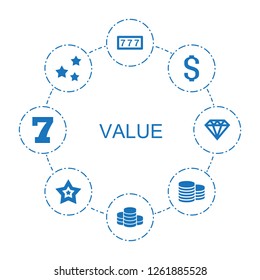 8 value icons. Trendy value icons white background. Included filled icons such as number, Coin, star, Diamond. value icon for web and mobile.