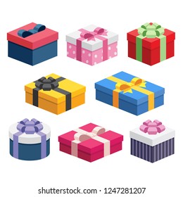 8 various presents / gift boxes group set with colorful ribbon bows flat design collection. Vector isometric illustration icon for interface app ui ux web banner isolated on white background