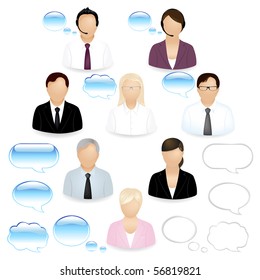 8 Vector Business People Icons With Dialog Bubbles, Isolated On White