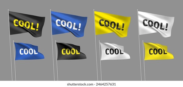 8 vector flags with COOL text. A set of wavy 3D flags with flagpoles isolated on grey background, created using gradient meshes