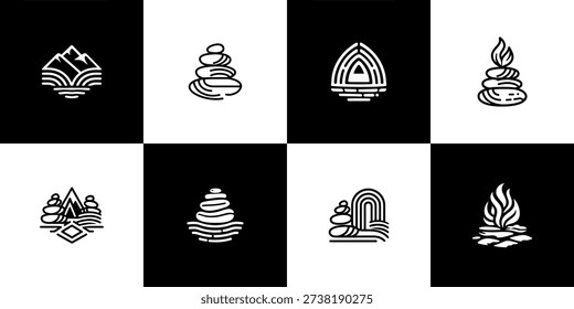 8 vector line icons featuring nature, stacked stones (cairns), mountains, water arches, and fire. Ideal for wellness, travel, spiritual, or environmental branding.