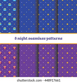 8 vector seamless dark blue and purple patterns with little cute owls, stars and dots.