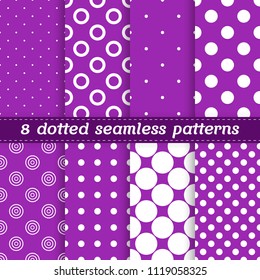 8 vector seamless pattern collection with polka dots and rings in violet and white colors