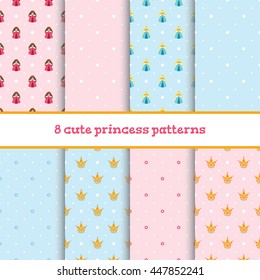 8 vector seamless pink and blue patterns with cute princesses, little flowers, beautiful crowns and dots.