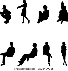 8 vector silhouettes of people in sitting postures and standing