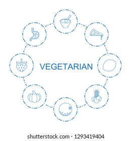 8 vegetarian icons. Trendy vegetarian icons white background. Included line icons such as porridge, orange, pizza, stomach, corn, pumpkin. vegetarian icon for web and mobile.