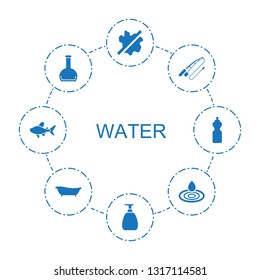 8 water icons. Trendy water icons white background. Included filled icons such as no wash, soap, fishing rod, bottle, water drop, bath, fish, fitness bottle. icon for web and mobile.