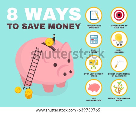 8 way to save money infographic. pig money box isometric character. vector flat cartoon illustration icon design. no credit, money, bankrupt, bank. concept, saving finance money, plan, budget