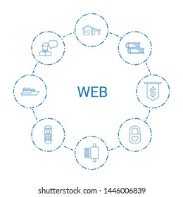 8 web icons. Trendy web icons white background. Included line icons such as house, spu, book, chatting man, heart lock, remote control, ship, dollar. web icon for and mobile.