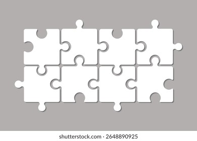 8 infografías de rompecabezas blancos. Vector conjunto de piezas del rompecabezas. Rompecabezas sobre fondo gris. Conjunto de piezas de rompecabezas. Ilustración vectorial.