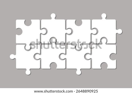 8 white puzzle infographics. Vector set of puzzle pieces. Jigsaw puzzle on grey background. Set of puzzle pieces. Vector illustration.