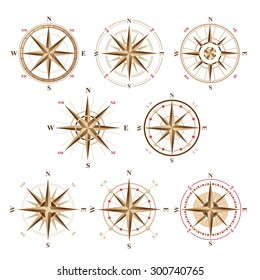 8 wind rose icons in vintage style 