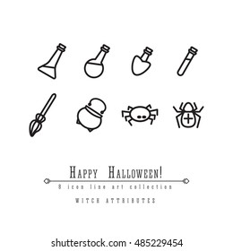 8 Witches attributes for halloween holiday outline vector icon collection, magic cauldron and broom, glass bulbs and spiders, happy halloween symbols.