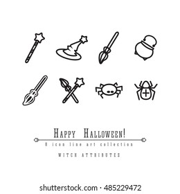 8 Witches attributes for halloween holiday line art vector icon collection, magic wand and hat, brooms and spiders, happy halloween symbols.