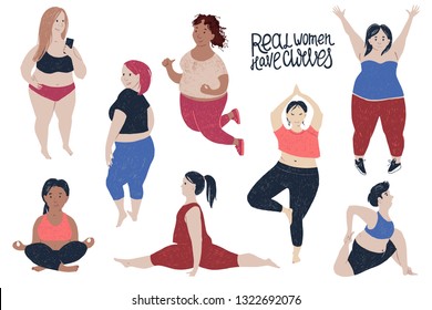 8 women of different size and body proportions in bright sport clothing. Body positive theme. Vector illustration.