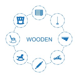 8 Wooden Icons. Trendy Wooden Icons White Background. Included Filled Icons Such As Wooden Wall, Dough Pin, Hoe, Baby Bed, Catapult, Horse Toy. Icon For Web And Mobile.