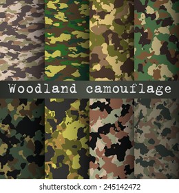 8 woodland camo patterns set vector